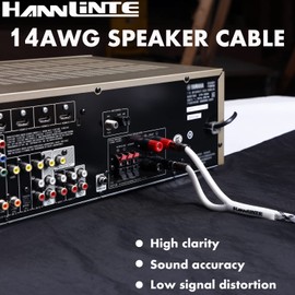 HANNLINTE 14AWG Speaker Wire Cable (35 Feet), 1 Pack Premium Heavy Duty Braided Speaker Cable Dual Gold Plated Banana Plug Tips in-Wall CL2, Oxygen-Free Copper (White)