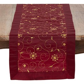 Burgundy with Gold Color Embroidered & Sequined Special Occasion Holiday Table Runner, 16" x 108" Rectangle