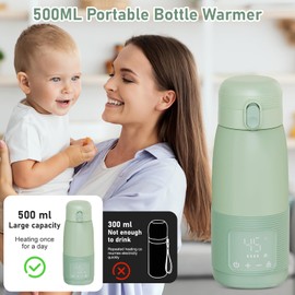 Portable Bottle Warmer, 500 ml Bottle Warmer Baby On the Go Precise Temperature Control 37 to 55 Degrees Adjustable for Travel Night Feeding (Green)