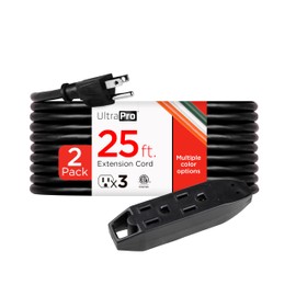 UltraPro 25 Ft Indoor Extension Cords 2 Pack 3 Outlet Power Strip Long Extension Cord with Multiple Outlets Grounded Heavy Duty 16 Gauge ETL Listed Black 50807