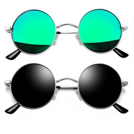 Joopin Small Round Sunglasses Circle Polarized Sun Glasses UV Protection Circular Shades for Women Men Costume (Black + Mirror Green)