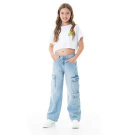 Nauty Blue Girl's Baggy Pants with Adjustable Waist Band - High Waist Wide Leg Cargo Jean for Teens Fashionable Loose Fitting Flap Pocket Denim