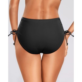Zmart Women Full Coverage Bikini Bottom Adjustable Side Tie Swim Bottom with Side Ruched Mid Rise Bathing Swimsuit Black L