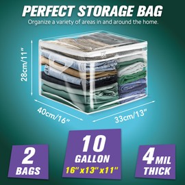 HIBAG 10 Gallon Large Storage Bag for Clothes, Zipper Clothing Storage Bag, Clear Organizer with Reinforced Handles, for Closet and Underbed Storage (2 Pack)