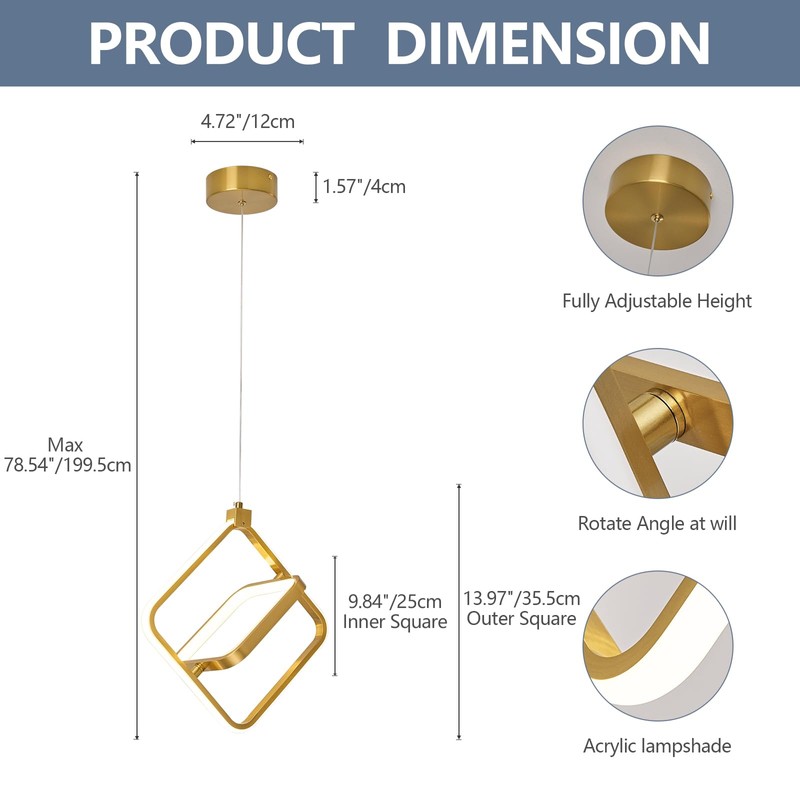 BNHHLZ Modern LED Chandelier Gold Rectangular Pendant Light Fixtures 4000K