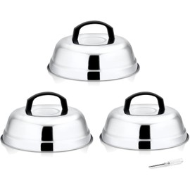 Leonyo 9 Inch Cheese Melting Dome Lid Set of 3, Stainless Steel Griddle Accessories, Durable Basting Steaming Cover for Teppanyaki Flat Top Griddle Grill, Hamburger Bacon Steak Patties, Plastic Handle
