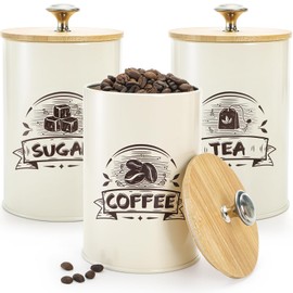 Covzoe 3 Pack Small Canisters for Kitchen, 26 Oz Metal Coffee Sugar Tea Canisters Set with Airtight Bamboo Lids, Food Storage Containers Jars for Tea, Flour, Cookies, Spices, Countertop