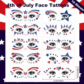 4th of July Temporary Tattoos Stickers, 10 Sheets Independence Day Face Tattoo Decals Eye Makeup Sticker Red Blue White USA Flag Star Fake Tattoo Patriotic Body Art Decoration Tattoo Stickers