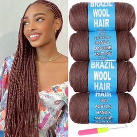 Brazilian Wool Hair 4 Roll 100% Brazilian Wool Hair for African Crochet Hair Braiding Twisting Jumbo Braids/Senegalese Twist/Faux Locs/Wraps with Crochet Hook(4 Roll, Honey Brown)