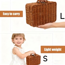 Mini Wicker Picnic Basket, Decorative Prop Suitcase Vintage Storage Hamper Makeup Organizer, 11.5" Metal Lock Plastic Rattan Storage Box with Handles for Sundries Travel Camping and Outdoor Party (L)