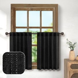 Pitalk Black Linen Curtains 36 Inch Length 2 Tiers Bathroom Shower Back Tab Cafe Short Semi Sheer Valance Curtains for Bedroom Small Coverings Country Kitchen Window Curtains Over Sink 30 x 36 in Long