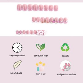 Pink French Tip Press On Nails Square Short Medium Glue on Nails Fantasy Iridescent Rhinestone Fake Nails with Pearl Bow Flower Designs for Women Full Cover Artificial Stick on Nails For Wedding 24pcs