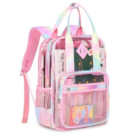 Rinaoou Clear Backpack Heavy Duty, PVC Clear Bag for Stadium Events See Through Pink Bookbag, Transparent Backpack for Girls Women Kids Stadium Approved Clears Concert Bag for School Work Travel