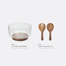 Gibson Elite Wildgreens Large Glass Salad Bowl or Decorative Fruit Bowl Set with Elegant Acacia Wood Base and Acacia Serving Utensils