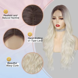 NAYOO Platinum Blonde Wig for Women - 26'' Long Blonde Wavy Wig with Dark Roots, Heat Resistant Synthetic Blond Wig with Lace, Natural Looking Blonde Curly Wig For Daily Use (Platinum Blonde)