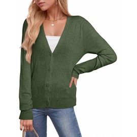 Dokotoo Woman Cardigans Trendy Long Sleeve Wool Light Weight 2025 V-Neck Basic Open Front Cardigan Button Down Twist Cable Knit Shrugs Sweaters,Fern Green Large