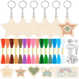 GLARKS 64pcs Star Wooden Cross Stitch Kit, Wood Cross Stitching Keyrings, Craft Cross Stitch Wood Kit, Wooden Threading Kits for Decoration Supplies Art Craft