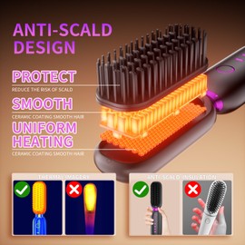 Cordless Hair Straightener Brush with Storage Bag, Nagative Ionic Hair Straightener Comb, Mini Porable Cordless Brush Straightener for Travel, Anti-Scald ech, Type-C Rechargeable & 3 Temp Settings