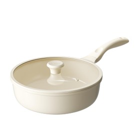 Redchef Nonstick Deep Frying Pan with Lid, Ceramic Saute Pan Skillet, PFOA PFOS Free, Induction Compatible, Stay-Cool Helper Handle, Tempered Glass Cover, Dishwasher Safe, Beige (3.7Qt, 10")