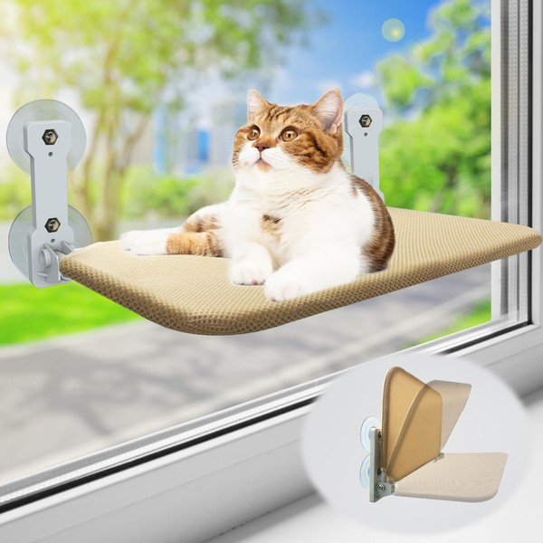 Foldable Cat Window Perch, Cordless Cat Window Hammock with 4 Strong Suction Cups, Window Cat Beds for Indoor Cats Inside, Large Cats Window Seat Windowsill Safety with Sturdy Metal Frame Soft Cover