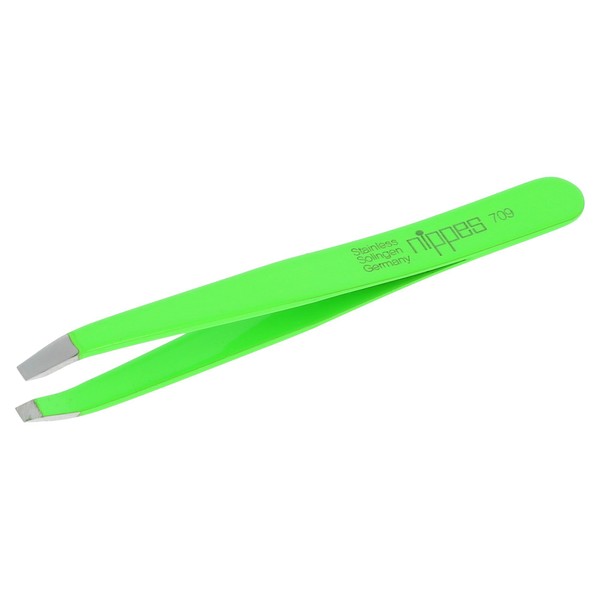 Nippes Solingen 709 Tweezers with Slanted Tip, Stainless Steel, Green, 9.5 cm Length, Tweezers Eyebrow Plucking, Tweezers Pointed, for Precise Hair Removal, Made in Germany