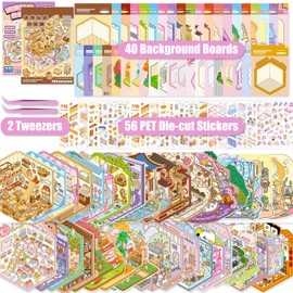 40 Sets DIY 3D House Sticker Scene Kit, Sticker Therapy, Stress Relief Sticker Scenes with 56 PET Stickers, 40 Miniature Cabins, 2 Tweezers, for Adults Kids Teens