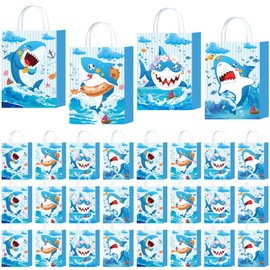 W WINTMING 24Pcs Shark Gift Bag Shark Party Favor Bags Blue Paper Bags with Handles Ocean Candy Bags Under the Sea Goodie Bags Summer Party Decoration (White, 24)