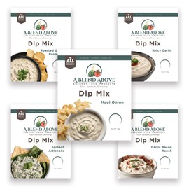 A Blend Above Best Sellers Dip Mix 5 Pack Includes Roasted Garlic Parmesan, Maui Onion, Garlic Bacon Ranch, Spicy Garlic, and Spinach Artichoke, Gluten-Free, No MSG, All Natural, No Preservatives, Vegetable Dip, Keto Friendly, Low Carb, Low Sodium, Easy 