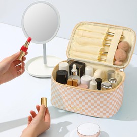 KITENROM - Bolsa de maquillaje preparada de viaje para mujeres y niñas, multicolor a cuadros, bolsa pequeña, bolsa organizadora, impermeable, bonita (tablero de ajedrez rosa), Cuadros de tablero de