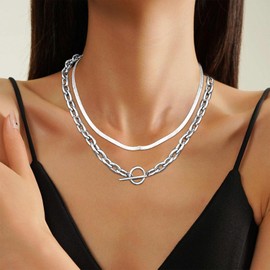 RIXERKOC Layered Chunky Gold Necklace for Women Thick Layered Herringbone Paper Clip Chain Necklace 18K Gold-Plated Stack Toggle Clasp Necklaces for Women Men, One size, Stainless Steel, No Gemstone