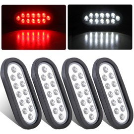 Partswcgg 4Pcs 6" Oval Red Stop Turn Tail Lights to White Back-up Lights 12 LED, 6 Inch Round Red/White Dual Trailer Truck Tail Lights with Rubber Grommet and 3 Prong Wire Pigtails IP67 Waterproof