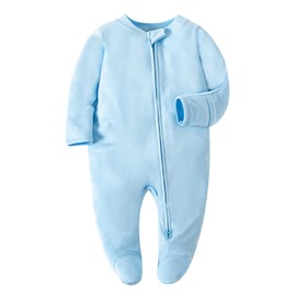Caryllo Baby Sleepsuits with 2-Way Zipper, Baby Grows Zipper Onesies with Mitten Cuff Baby Girls 0-12M, Cozy Foot Covered Pajamas Newborns for Sleeping & Playing (UK, Age, 12 Months, Blue)