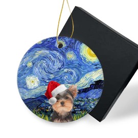 Yorkies Christmas Ornaments 2024-Funny Santa Hat Dog Round Ceramics Ornament Porcelain Christmas Tree Ornament for a Dog Lover 3" Pet Gifts with Box