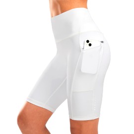 Pantalones cortos de ciclista de cintura alta para mujer, 8 pulgadas, para correr, entrenamiento, control de abdomen y elastano para mujer, bolsillos con cierre