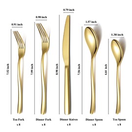 HOMQUEN 40-Piece Gold Silverware Set, Gold Flatware Set for 8, Stainless Steel Tableware Cutlery Set, Utensil Sets for Kitchen, Forks and Spoons Silverware (Shiny Gold)