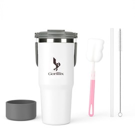Gorillix 40oz Tumbler with Handle, Stainless Steel Vacuum Insulated Water Bottle, Double Wall, Leak-Proof, BPA-Free, Silicone Boot, Cleaning Brushes, Large Capacity Travel & Hiking Mug. (WHITE)