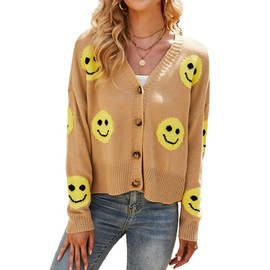 chouyatou Women's Loose-Fit Smile Face Jacquard Knitted Cardigan Sweater Jacket, Khaki, Large