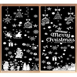 Christmas Window Stickers, Double-Sided 9 Sheets (200 Pcs) Reusable Stickers with Santa Claus Snowman Reindeer Snowflake Happy New Year Merry Christmas for Christmas Party