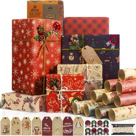 Larcenciel Christmas Wrapping Paper Set, 10 Sheets Christmas Paper + Gift Tags + Stickers + Packing Rope, Kraft Paper with Christmas Elements Gift Wrapping for Party (70 x 50 cm)