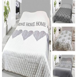 Leonado Vicenti Bed Throw, 140 x 210 or 220 x 240 cm, Bedspread / Sofa Throw / Multi-Purpose, Padded and Quilted, Available in Modern Designs, White "Home Heart", 140 x 210 cm
