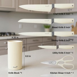 KUISINE Sharp Knife Set,High Carbon Stainless Steel Ergonomic Handle Knife Set with 3-hole Bottom Block,Easy to Drain and Clean(Ivory Silver Pro,6PCS)