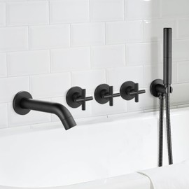 Heyalan Bathtub Faucet Set,Wall Mount Tub Faucet with Handheld Shower Wand and Spout,Tub Filler Faucets,3 Handles Shower Trim Combo 2 Function Bath Fixtures with Rough-in Valve,Matte Black