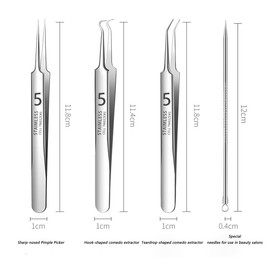 DWUENT 4-Piece Professional Blackhead Tweezers Kit - Stainless Steel Pimple Popper Tools with Precision Angles for Sensitive Skin & Blemish Removal, Portable Acne Treatment Set (Silver)