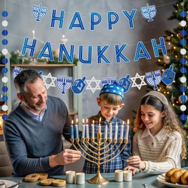 Hanukkah Decorations Banner, Happy Hanukkah Banner Hanukkah Garland Decorations, Pre Strung Hanukkah Party Supplies, Hanukkah Decorations for Home Office Indoor Outdoor