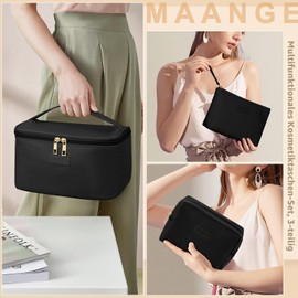 MAANGE Pack of 3 Cosmetic Bags (L+M+S), PU Leather Makeup Bag for Women, Portable Travel Cosmetic Bag, Small Make Up Bag with Compartments, Black