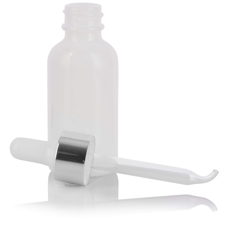 1 oz Opal White Glass Boston Round Bottle with Silver