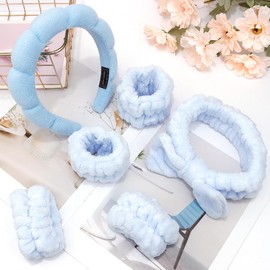 SPA Headbands for Washing Face Makeup Headbands with Bow Hair Band Women Facial Head Band Wrist Towel Wraps For Shower Face Mask Blue, 6 Pack