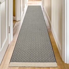 Tritard Extra Long Runner Rugs for Hallway 2x12 Washable Woven Cotton Runners with Tassels Checkered Indoor Entryway Carpet Checkerboard Kitchen Rug for Hall, Bedroom, Doorway, Black