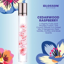 Blossom Roll on Rollerball Perfume Oil, Natural Ingredients + Essential Oils, Infused with Real Flowers, Made in USA, 0.20 fl. oz./5.9 ml, (Bergamot, Pear, Vanilla, Orchid), Luxe Cedarwood Raspberry