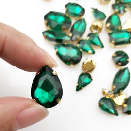 Rhinestones for Crafting, 50pcs Sew on Rhinestones Flatback Crystal Rhinestones Mixed Shapes with Metal Claw for Craft Clothes Jewelry Shoes Bags DIY Decoration (Green)